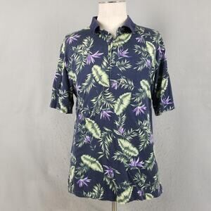 Greg Norman Polo Shirt Mens Large Navy Blue Tropical Floral Golf Cotton Hawaiian